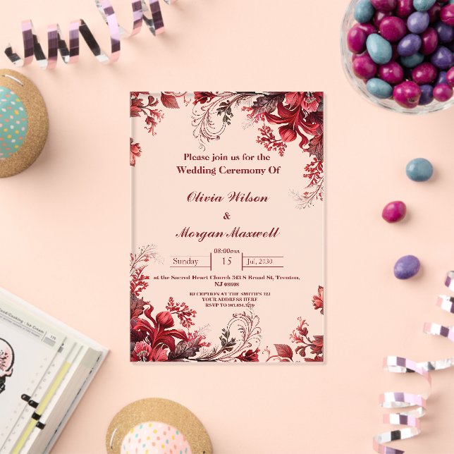 Pink and Red floral acrylic wedding invitations (Insitu (Celebration))