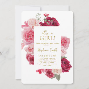 Pink and Red Floral Baby Shower Girl Invitation