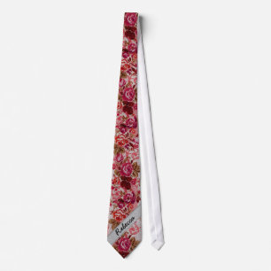 Pink and Red Floral Rose Paint Monogram Tie