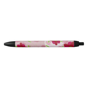 Pink and Red Flowers - Floral Black Ink Pen