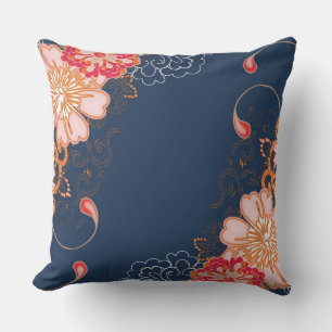 Pink and Red Flowers on Blue Throw Pillow