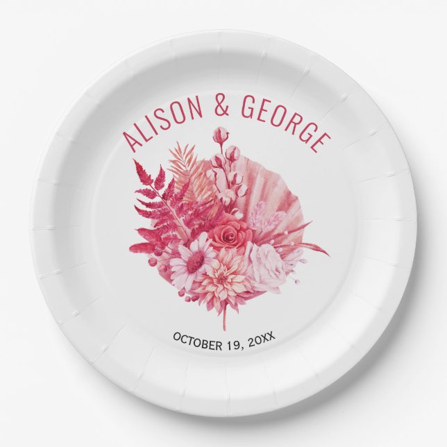 Pink and red flowers, palm leaf wedding paper plate (Front)