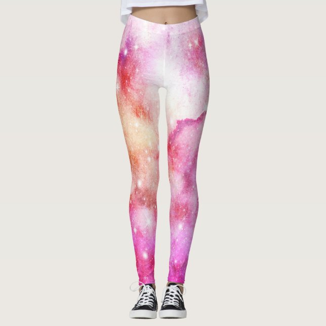 Pink And Red Galaxy Pattern Leggings (Front)