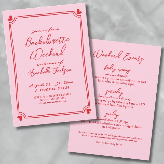 Pink And Red Girls Weekend Itinerary Bachelorette Invitation (Pink And Red Girls Weekend Itinerary Bachelorette Invitation)