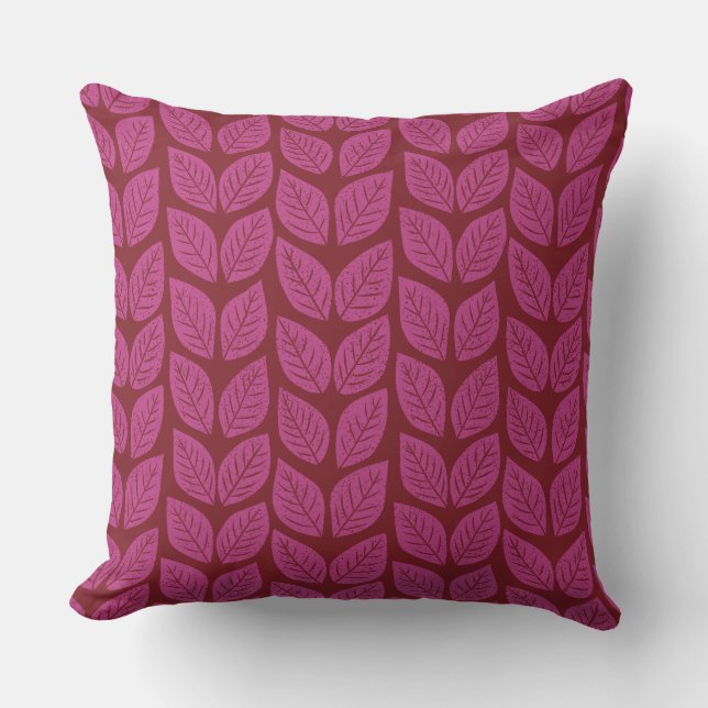 Pink and Red Hand-drawn Fall Foliage Leaves  Throw Pillow (Front)