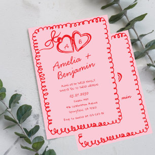 pink and red hand drawn heart Whimsical Wedding  Invitation