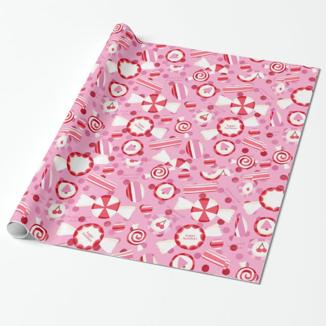 Pink and Red Happy Holidays Candy Christmas Wrapping Paper (Unrolled)