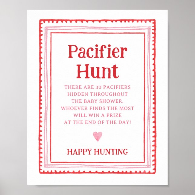 Pink and Red Heart Pacifier Hunt Game Sign (Front)