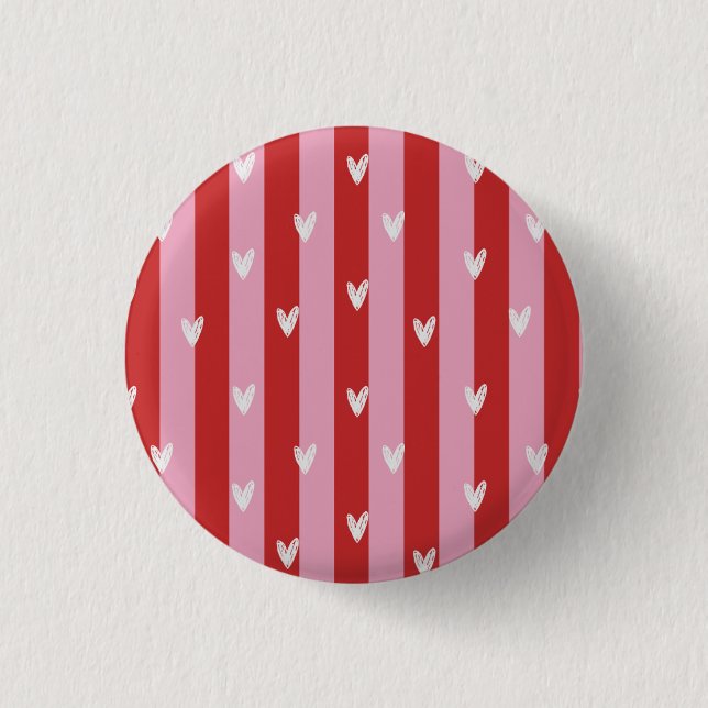 Pink and red, heart striped 1 inch round button (Front)
