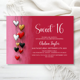 Pink and Red Heart Theme Sweet 16 Birthday Invitation