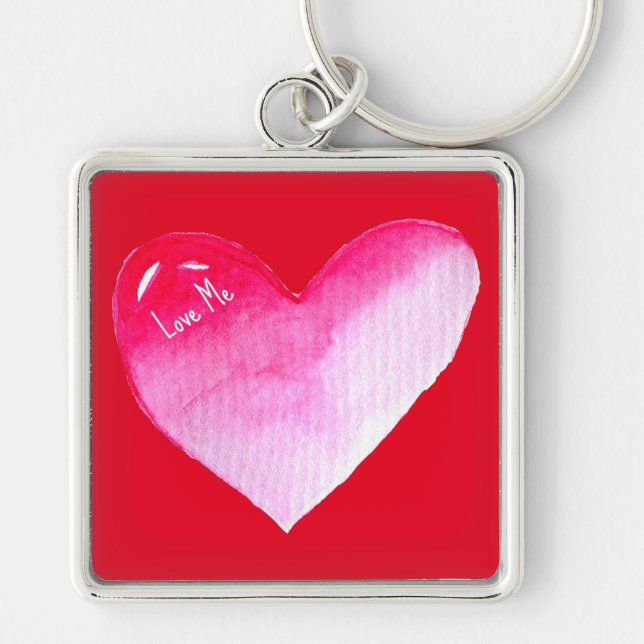 Pink and red heart watercolor pop art valentine keychain (Front)