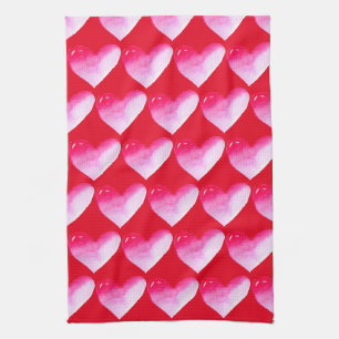 Pink and red heart watercolor pop art valentine kitchen towel