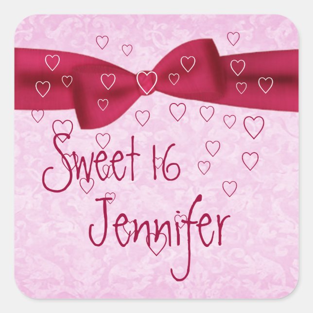 Pink and Red Heart with Bow - Sweet 16 Square Sticker (Front)