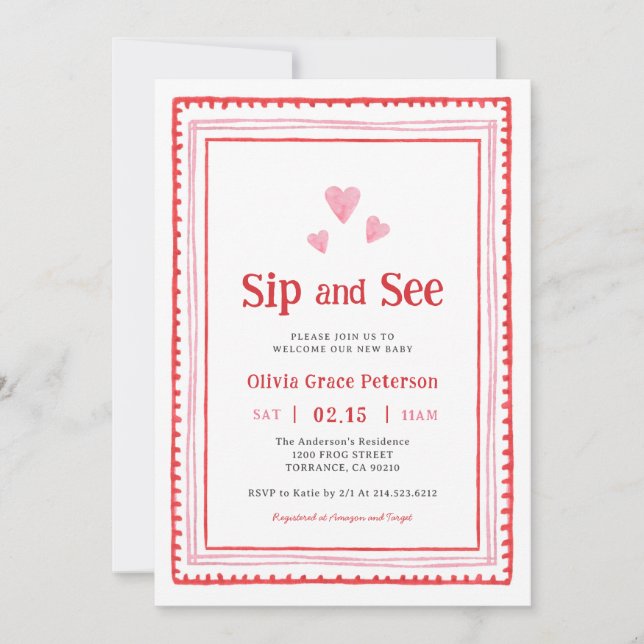 Pink and Red Hearts New Baby Sip and See Invitation (Front)