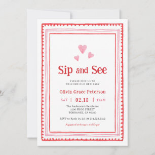 Pink and Red Hearts New Baby Sip and See Invitation