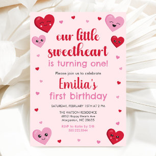 Pink and Red Hearts Our Little Sweetheart Birthday Invitation