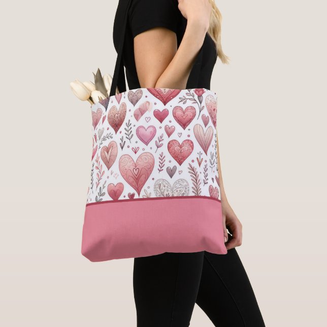 Pink and Red Hearts Valentine's Day, Colour Block Tote Bag (Close Up)
