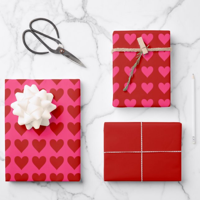 Pink and Red Hearts w/ Valentine Red Solid Wrapping Paper Sheet (Front)