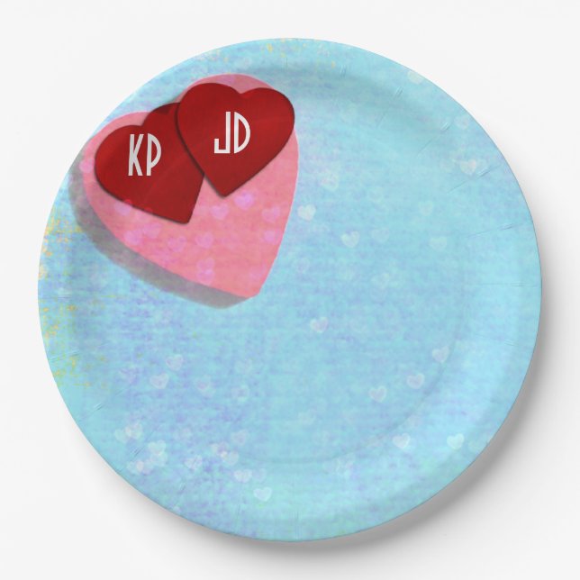 Pink and Red hearts with Personalized Initials Paper Plate (Front)