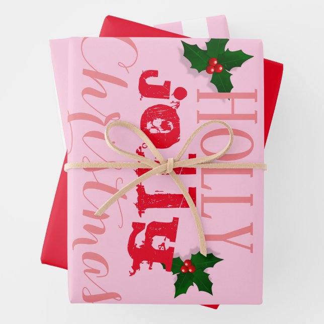 Pink And Red Holly Jolly Christmas Wrapping Paper Sheet (In situ)