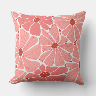 Pink and Red Illustrated Background Flower Square Throw Pillow