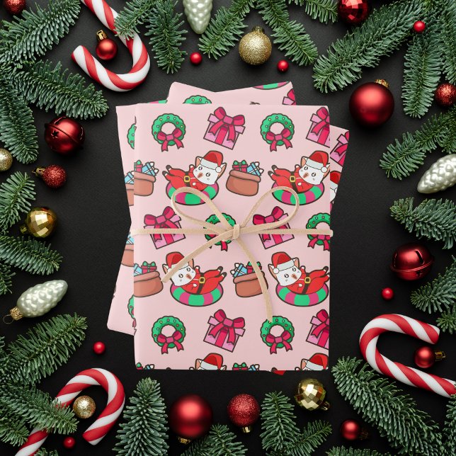 Pink and Red Kawaii Christmas Cat Wrapping Paper Sheet (Creator Uploaded)