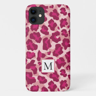 Pink and red leopard animal print and monogram iPhone 11 case