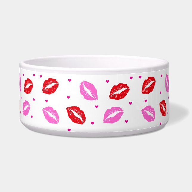Pink and Red Lips and Hearts Pet Bowl SM / LG (Front)