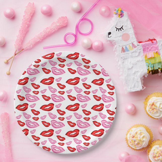 Pink and red lipstick prints paper plate (Party)