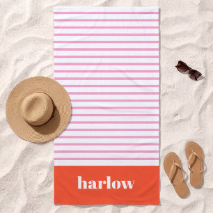Pink and Red Modern Stripes Monogrammed Beach Towel