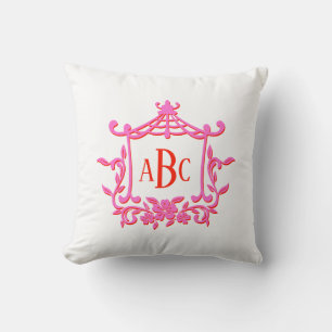 Pink and Red Pagoda Flower Frame Monogram Initials Throw Pillow