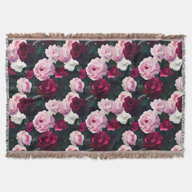 Pink and Red Painted Roses Throw Blanket (Front)