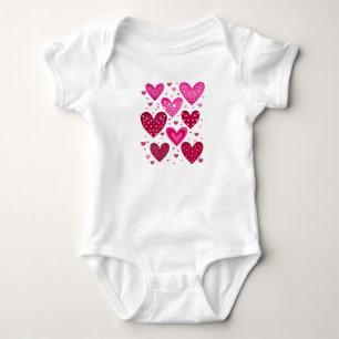 Pink and Red Patterned Hearts Baby Bodysuit
