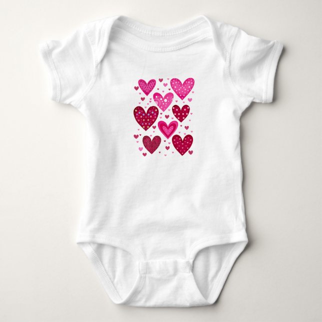 Pink and Red Patterned Hearts Baby Bodysuit (Front)