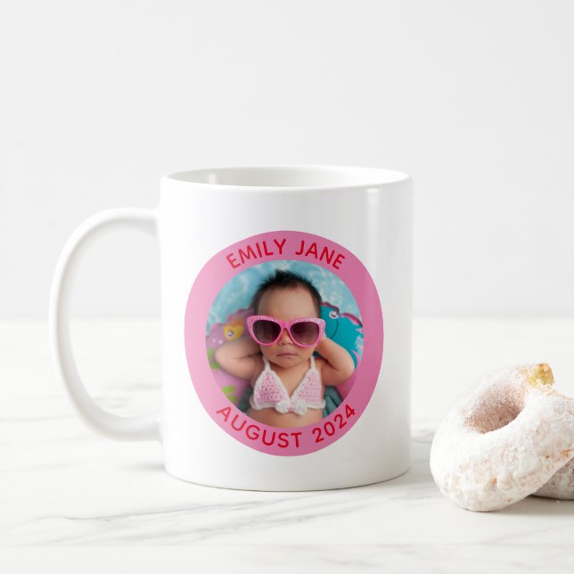 Pink and Red Personalized Round Family Photo Coffee Mug (With Donut)