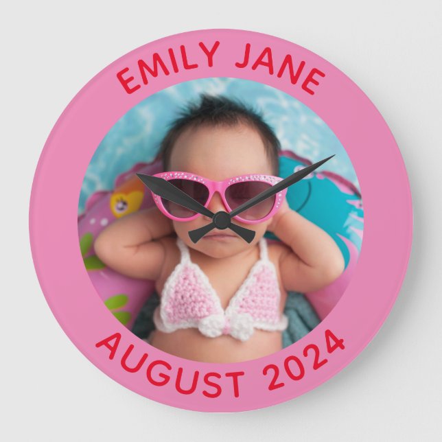 Pink and Red Personalized Round Family Photo Large Clock (Front)