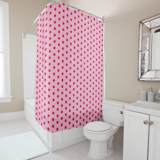 Pink and Red Polka Dot Pattern Shower Curtain (In Situ)