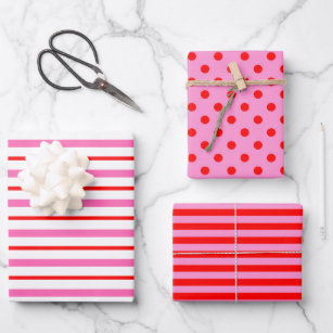 Pink and Red Polka Dot Striped Wrapping Paper Sheet