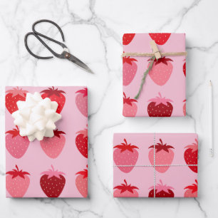 Pink And Red Preppy Aesthetic Strawberries Wrapping Paper Sheet