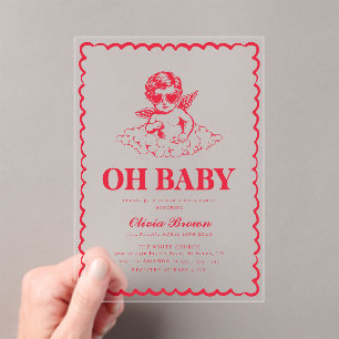 Pink and Red Retro Cherub Baby Shower Acrylic Invitations