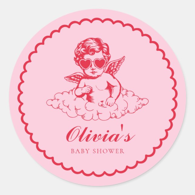 Pink and Red Retro Cherub Baby Shower Classic Round Sticker (Front)