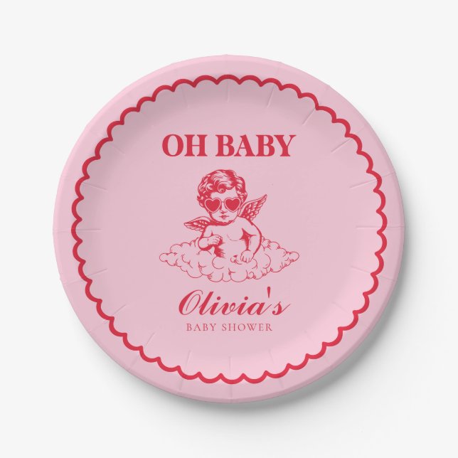 Pink and Red Retro Cherub Baby Shower Paper Plate (Front)