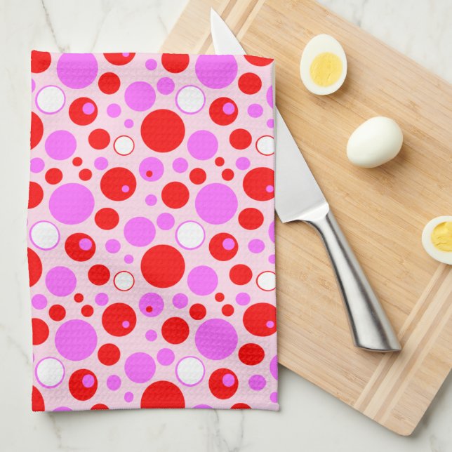 Pink and Red Retro Circles and Polka Dots on Pink Kitchen Towel (Quarter Fold)