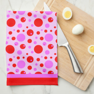 Pink and Red Retro Circles and Polka Dots on Pink Kitchen Towel
