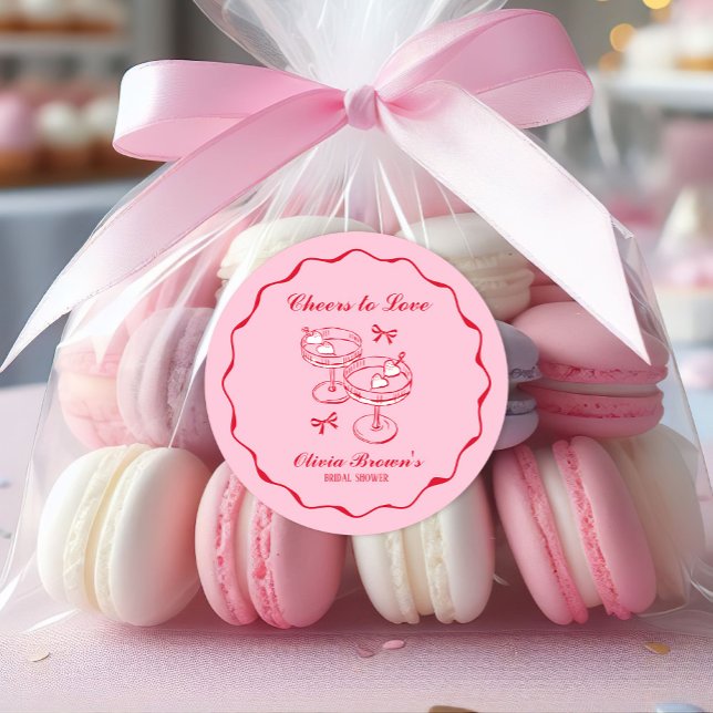 Pink and Red Retro Hand Drawn Bridal Shower Classic Round Sticker (Creator Uploaded)