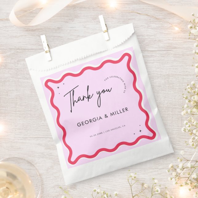 Pink and Red Retro Wavy Frame Wedding Thank You Favour Bag (Clipped)