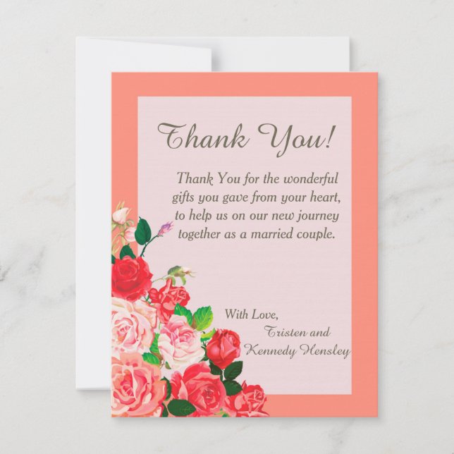 Pink and Red Roses 4x5 Flat Wedding Thank You Card (Front)