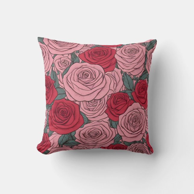 Pink and red roses floral pattern throw pillow (Front)