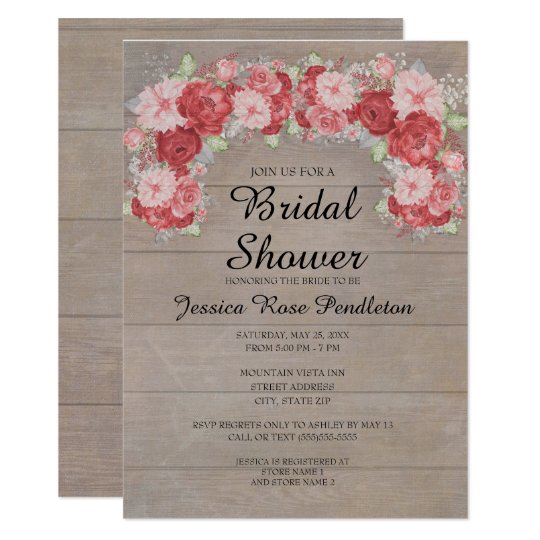 Pink and Red Roses on Rustic Wood Bridal Shower Card