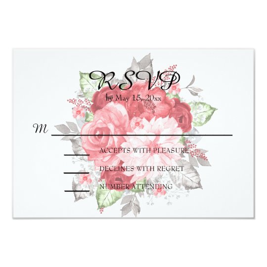 Pink and Red Roses on White Wedding RSVP Card